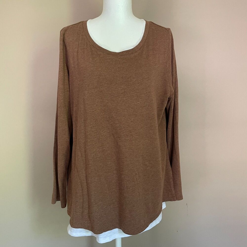 J.Jill Large Petite Tencel Layered Minimalist Top Brown/White Womens Top Comfy